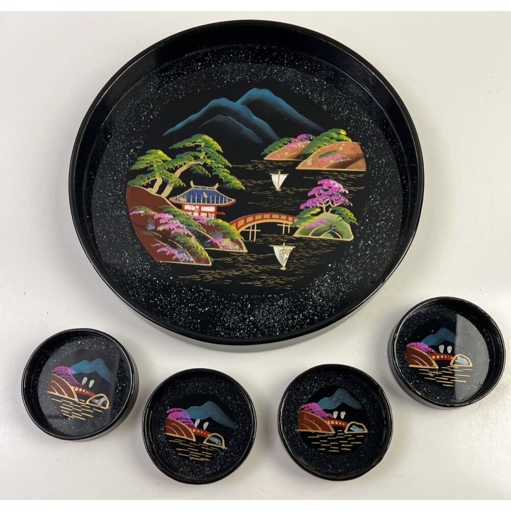 Japanese Black Lacquer Wood Tray W/4 Matching Coaters Hand Printed
